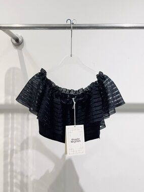 🚩steal Alexander McQueen Black Off-Shoulder Ruffle Crop Top